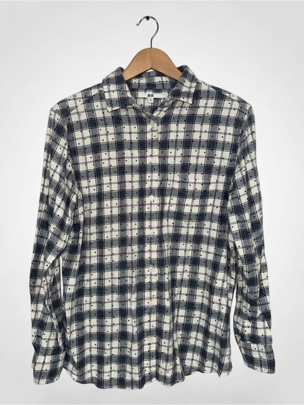 WSH83 {Uniqlo} Plaid Polka Dot Blue White Button Down Flannel Shirt Top